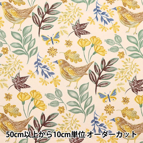 [From quantity 5] Fabric "Twill print birds with choco yellow KTS6953-C" COTTON KOBAYASHI