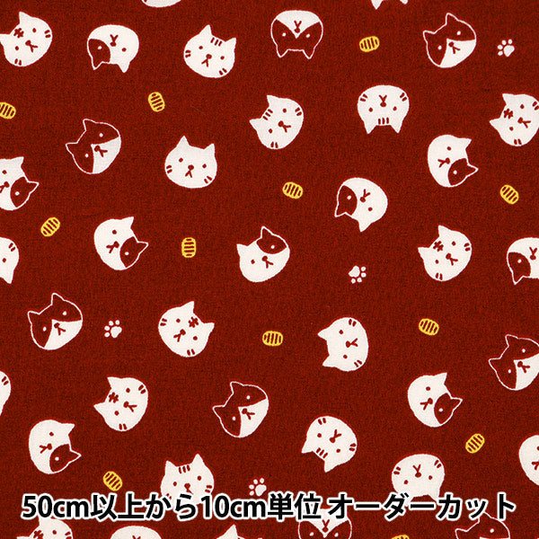 [From quantity 5] Fabric 『Scare Print Print Fukufuku cat face red SQFFCATA-1C]
