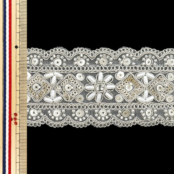 【数量5から】 手芸ブレード 『インド刺繍ブレード 約5.5cm幅 シルバー M-1133E』