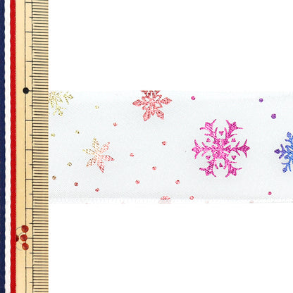 リボン 『オーガンジープリントリボン 雪の結晶 約幅38mm×長さ3m ホワイト YRC2508-38』