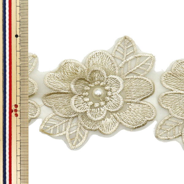 【数量5から】 レースリボン 『刺繍オーガンジーフラワー カーキ DCL2443』