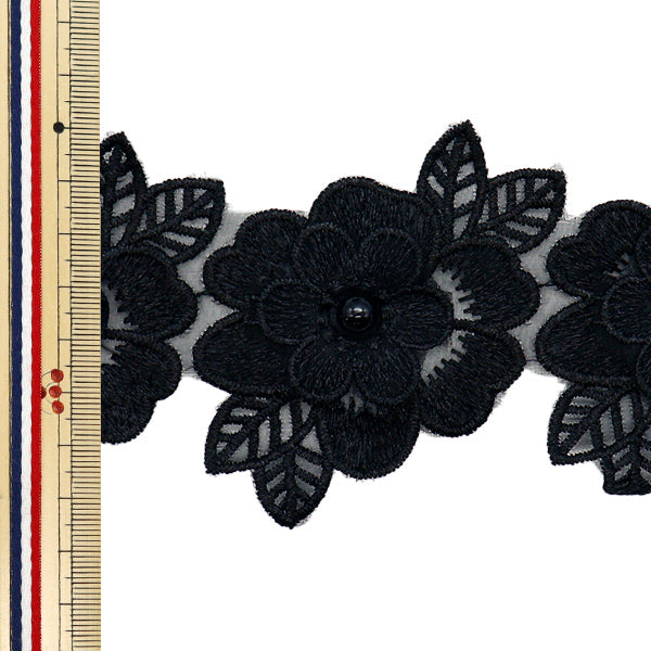 【数量5から】 レースリボン 『刺繍オーガンジーフラワー ブラック DCL2443』