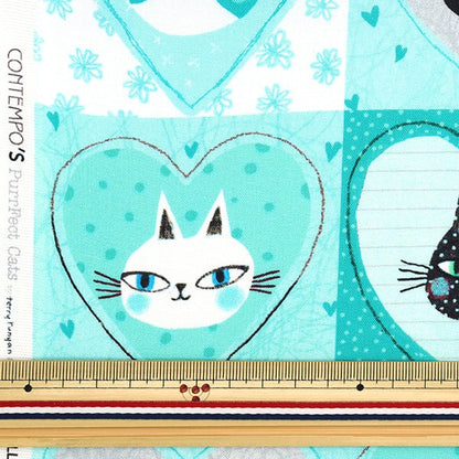 [From quantity 5] Fabric "USA Cotton Cats & Hearts Turquoise 13163-81"