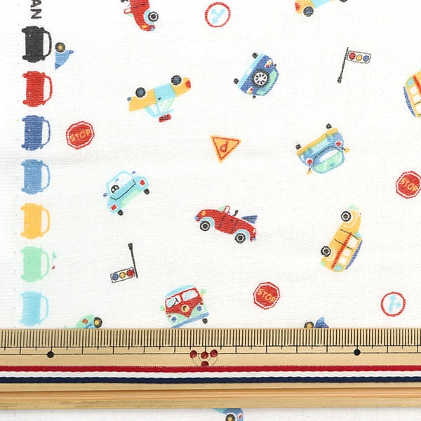 [From quantity 5] Fabric 『double gauze Car toy pattern White AP31902-1A "