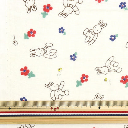[From quantity 5] Fabric 『double gauze Stuffed toy rabbit and flower white KTS6902-A] COTTON KOBAYASHI
