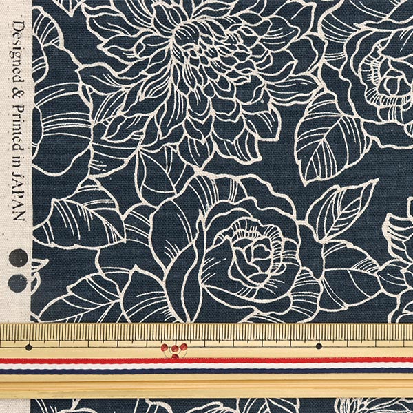 [From quantity 5] Fabric "Cotton hemp canvas floral charcoal gray KP9070-2D"