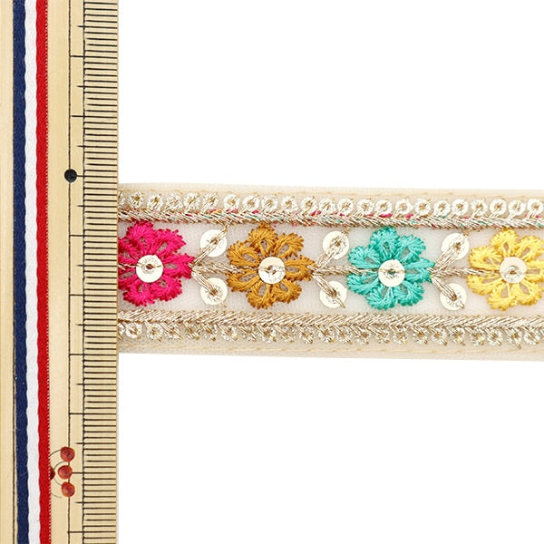 [From quantity 5] HandicraftTrim 『2023 Indian embroidery trim Beige x Pink 877C]