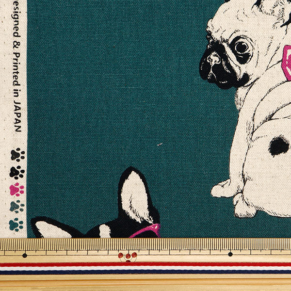 [From quantity 5] Fabric "Cotton hemp canvas French bulldog Blue Green CLCA35409-D"