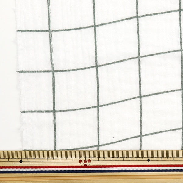 [From quantity 5] Fabric "DOMOTEX lattice double gauze white x green DOMO-CHE-1"