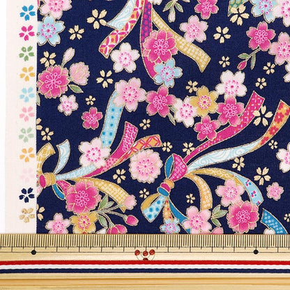 [From quantity 5] Fabric 『Scare Print Golden Japanese pattern cherry blossoms dark blue YU850238-1-2]