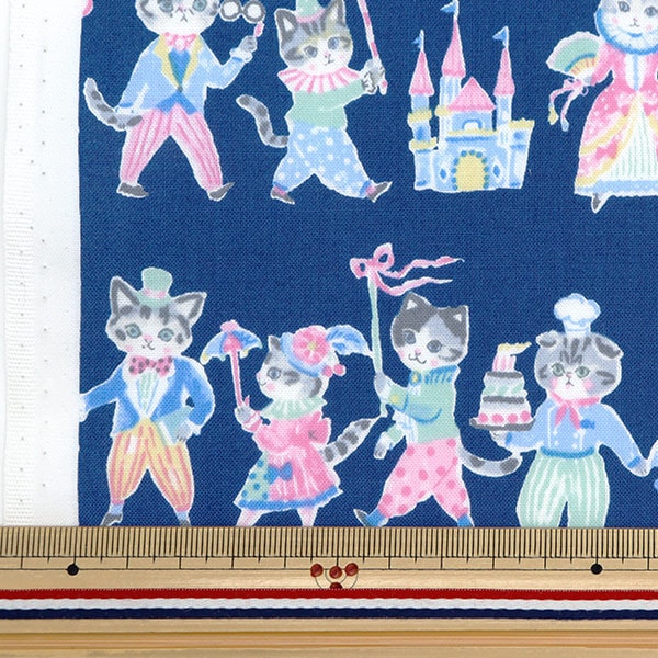 [From quantity 5] Fabric 『Sheeting Colorful Canvas Cat Dance Navy Cocan-EHO-NV] KOKKA