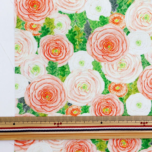 [From quantity 5] Fabric "Hibiya Hanadai Florist Pattern Sheeting Blooming Garden Ranunculus Pattern Orange HBY-10006-Or "