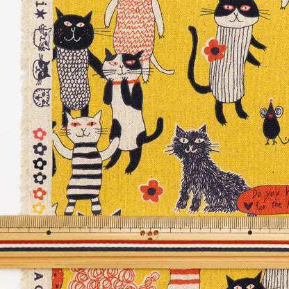 [From quantity 5] Fabric "Spell by mia cotton linen canvas cat series Yellow EPX-2020-1D" KOKKA