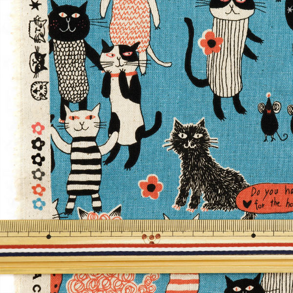 [From quantity 5] Fabric "Spell by mia cotton linen canvas cat series blue EPX-2020-1e" KOKKA