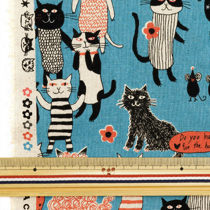 [From quantity 5] Fabric "Spell by mia cotton linen canvas cat series blue EPX-2020-1e" KOKKA