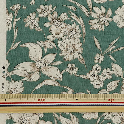 [From quantity 5] Fabric "Cotton hemp canvas etched flower green 38129-1D"