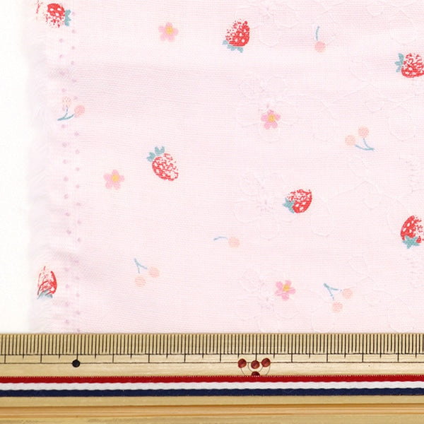 [From quantity 5] Fabric 『double gauzeEmbroidery strawberry pink AP4730-2D]
