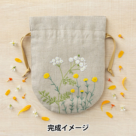 刺しゅうキット 『リネンにハーブの花刺繍 丸巾着 ヤロウ・サントリナ 568』 戸塚刺しゅう