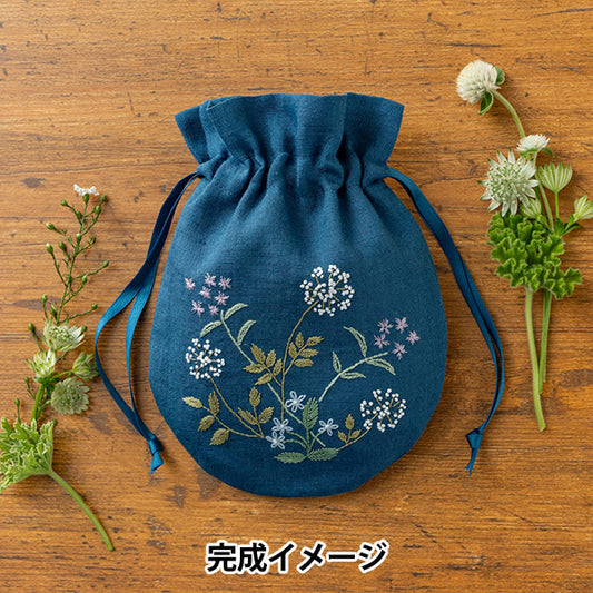 刺しゅうキット 『リネンにハーブの花刺繍 丸巾着 ソープワート・アンゼリカ・アルカネット 569』 戸塚刺しゅう