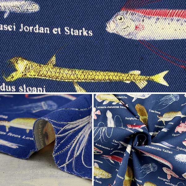 [From quantity 5] Fabric "Twill printFabricTwill deep -sea fish Fabric Cloth admission Interior C dark blue] COTTON KOBAYASHI