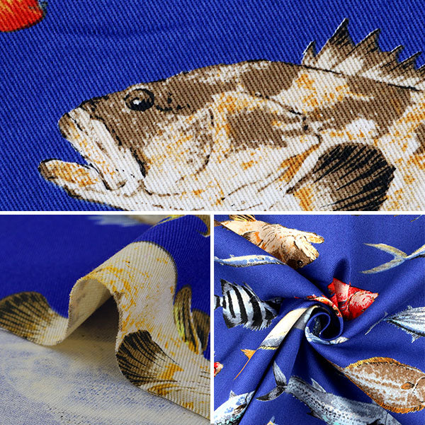 [From quantity 5] Fabric "Twill printFabricTwill fish Fabric Cloth admission Interior C dark blue] COTTON KOBAYASHI