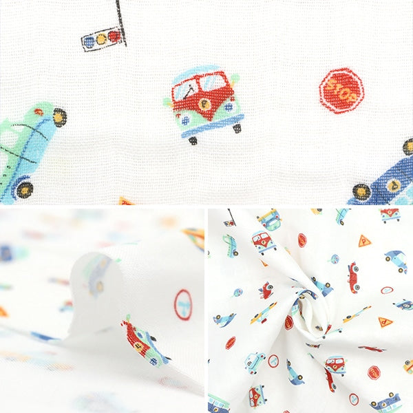 [From quantity 5] Fabric 『double gauze Car toy pattern White AP31902-1A "