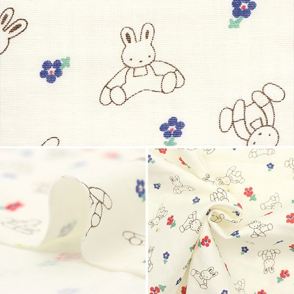 [From quantity 5] Fabric 『double gauze Stuffed toy rabbit and flower white KTS6902-A] COTTON KOBAYASHI