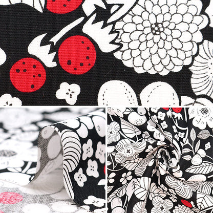 [From quantity 5] Fabric "Cotton hemp canvas floral black maze-b"