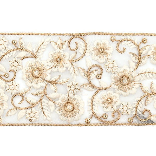 [From quantity 5] HandicraftTrim 『2022 Indian embroidery trim White x beige 45344B]