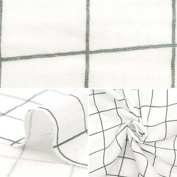 [From quantity 5] Fabric "DOMOTEX lattice double gauze white x green DOMO-CHE-1"