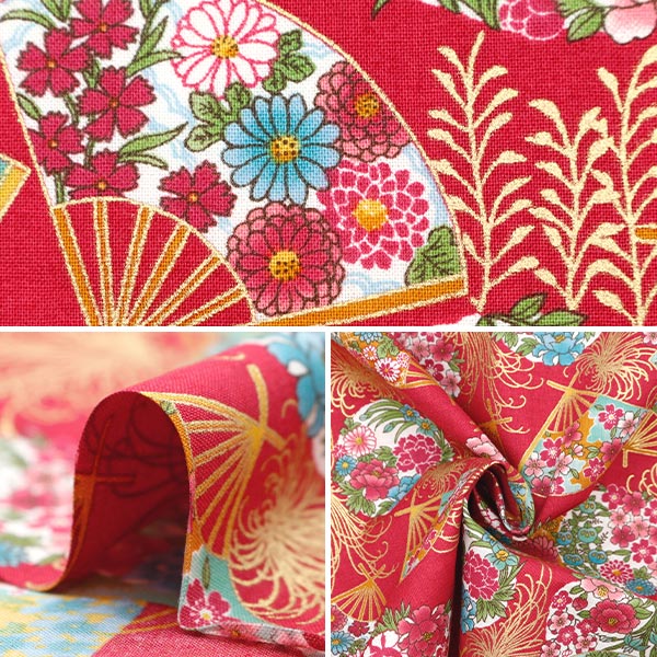 [From quantity 5] Fabric 『Scare Print Golden Japanese pattern turbulence and chrysanthemums red yu850274-4-1]