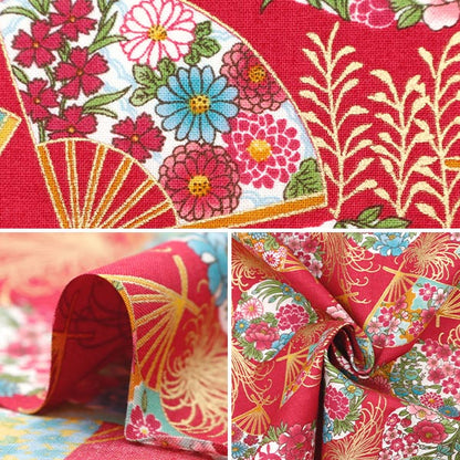 [From quantity 5] Fabric 『Scare Print Golden Japanese pattern turbulence and chrysanthemums red yu850274-4-1]